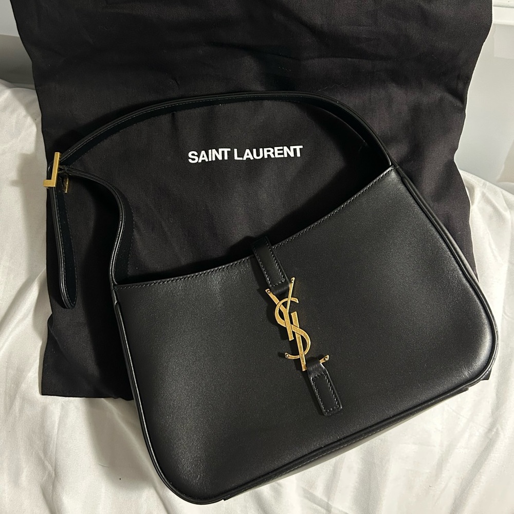 Saint Laurent Black and Gold Shoulder Bag with Iconic YSL Logo